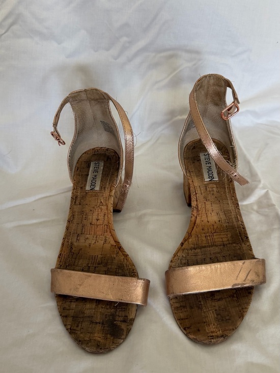Steve Madden Shoes - Steve Madden Metallic Rose Gold Ankle Strap Cork Block Heels